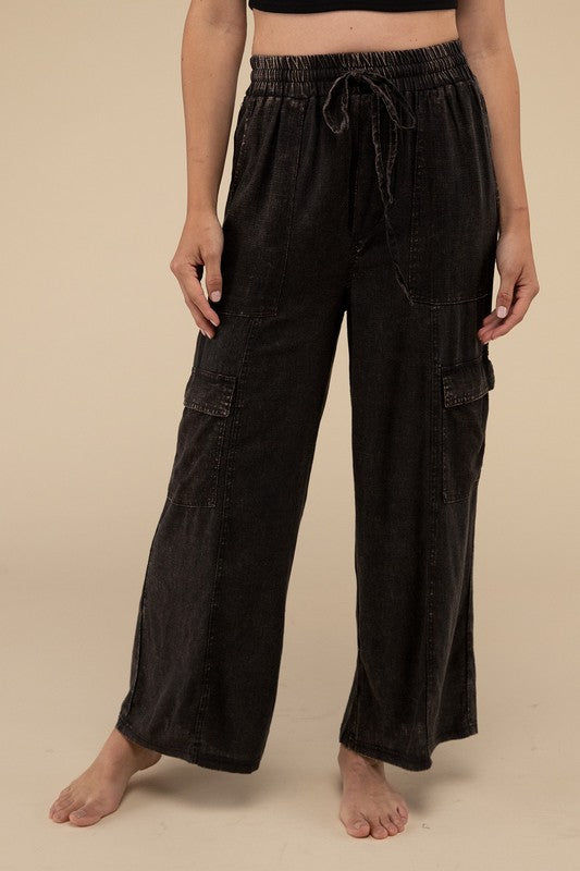 Zenana Washed Linen Elastic Band Waist Cargo Pants S-XL 4Colors