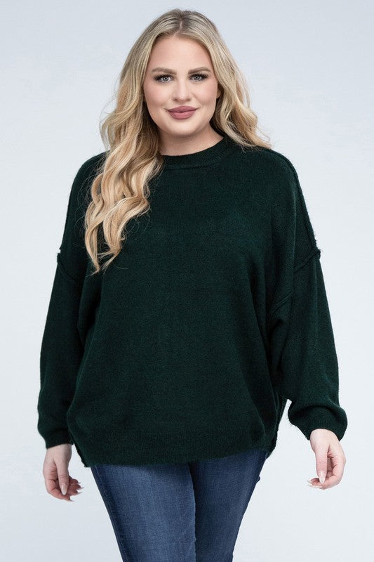 Zenana Plus Size Oversized Raw Seam Melange Womens Sweater 5Colors
