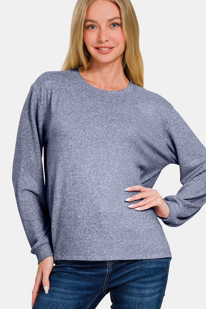 Zenana Hacci Round Neck Long Sleeve Womens T-Shirt