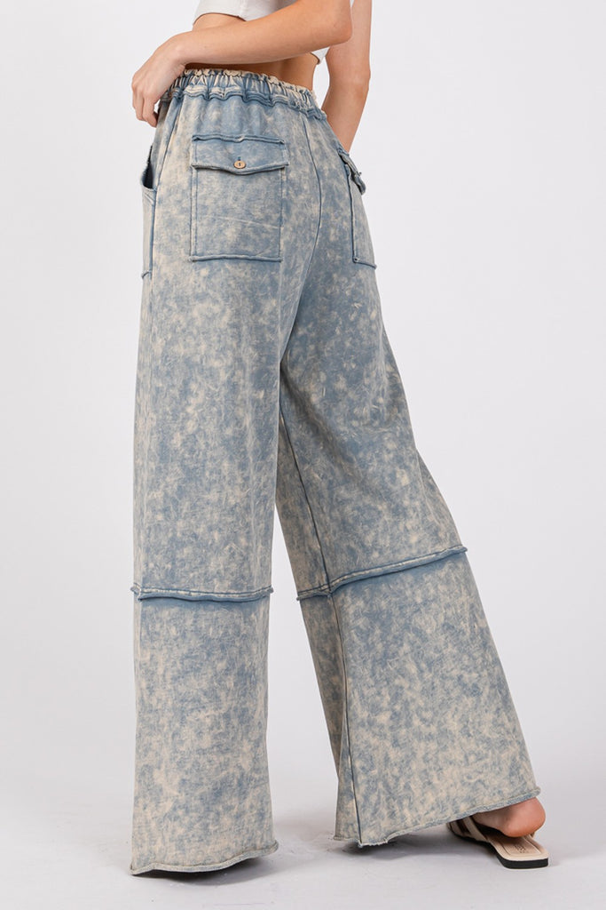 SAGE + FIG Mineral Washed Cotton Terry Wide Leg Womens Pants in Slate Blue