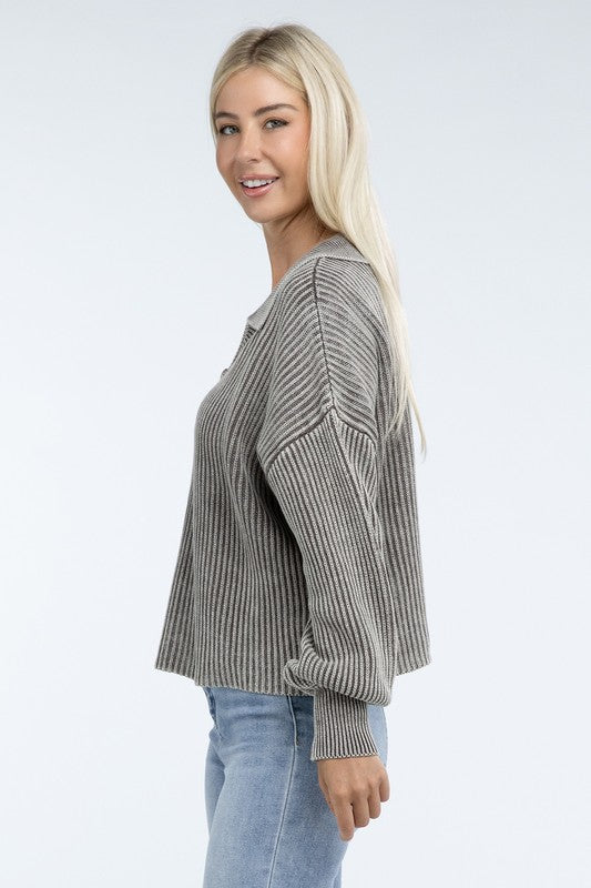 Zenana Washed Collared Henley Womens Sweater 6 Colors