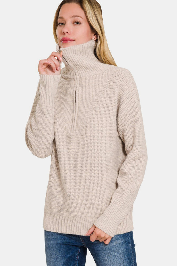 Zenana Half Zip Long Sleeve Womens Sweater