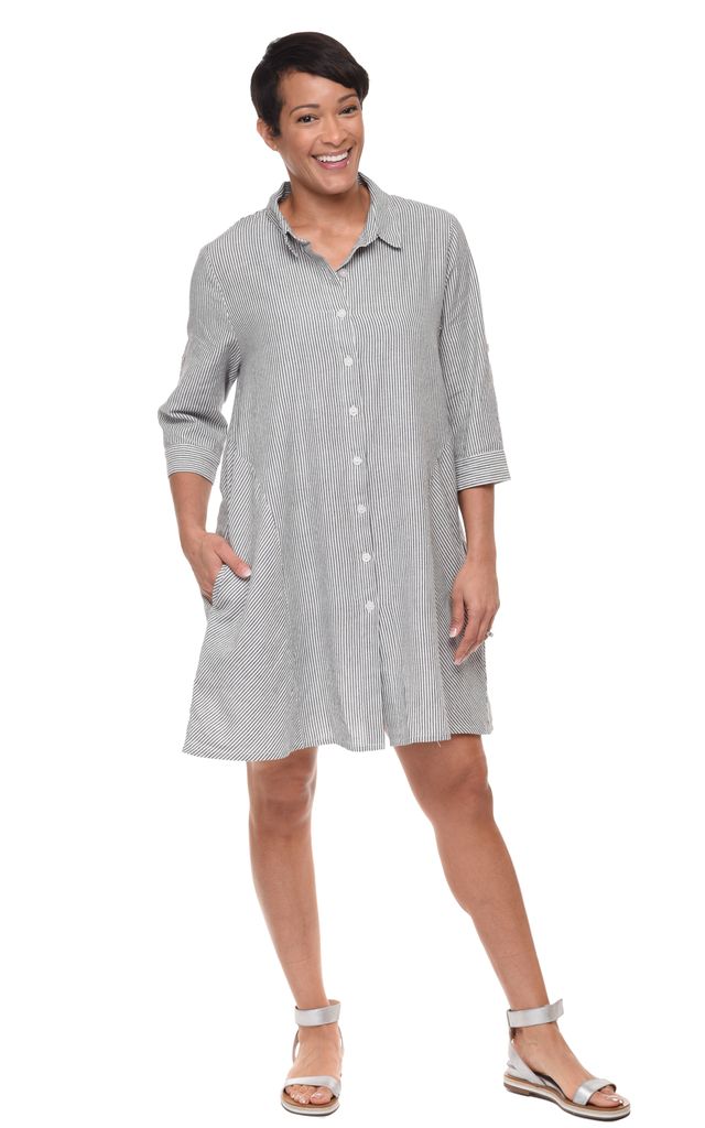 Claudia Womens Shirt Dress 3/4 Sleeves in Ticking