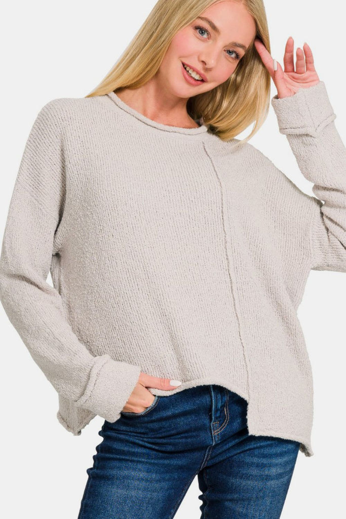 Zenana Asymmetric Hem Drop Shoulder Womens Sweater