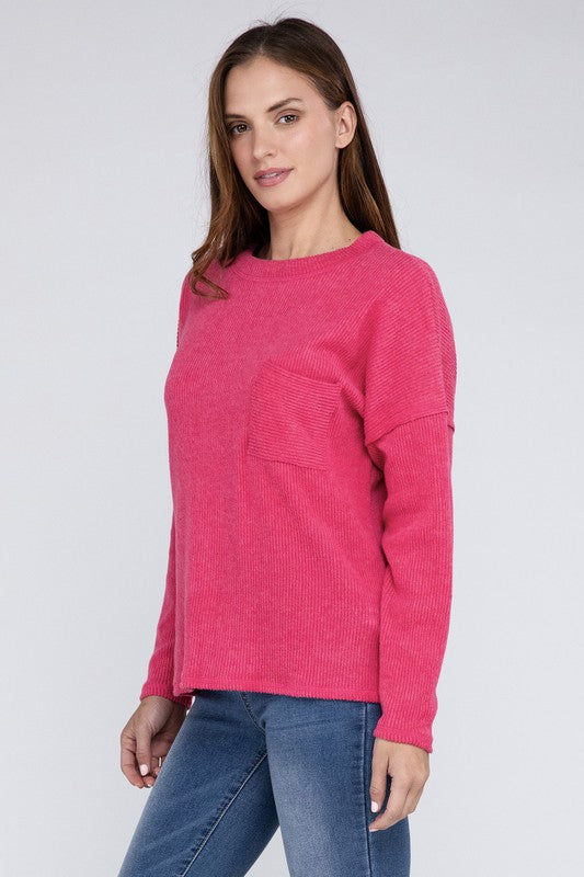 Zenana Ribbed Brushed Melange Hacci Pocket Sweater 5Colors S-XL – Apparel  Garden