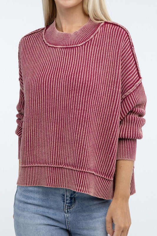 Zenana Washed Side Slit Oversized Cropped Womens Sweater 4Colors