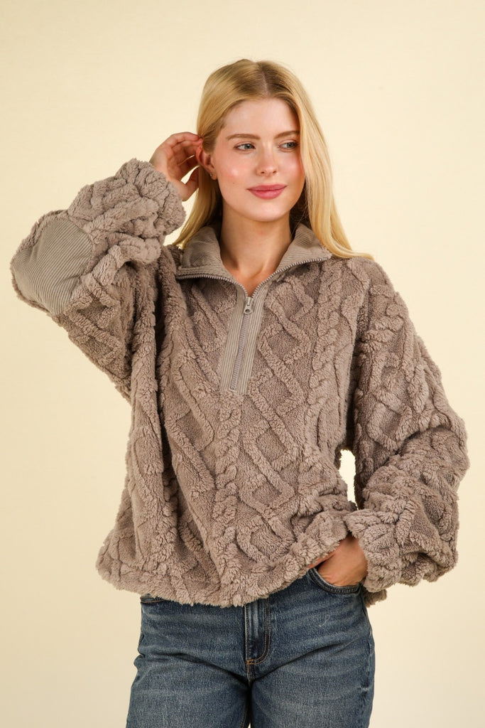 VERY J Fuzzy Fleece Half Zip Cable Pattern Womens Pullover