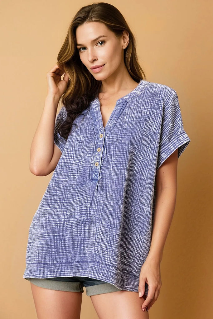 Zenana Washed Double Gauze 3/4 Button Henley Neck Shirt