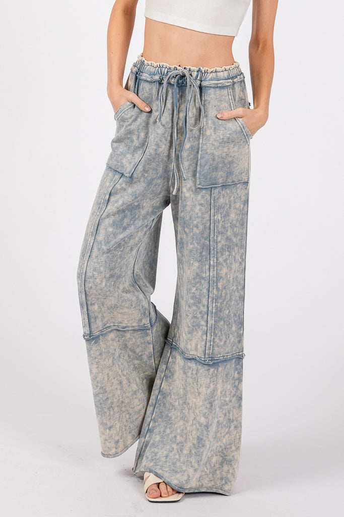 SAGE + FIG Mineral Washed Cotton Terry Wide Leg Womens Pants in Slate Blue