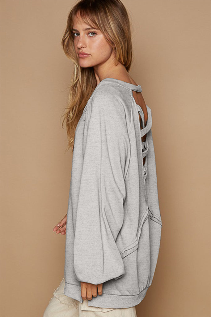 POL Back Cross Strap Detail Balloon Sleeve Womens Sweatshirt