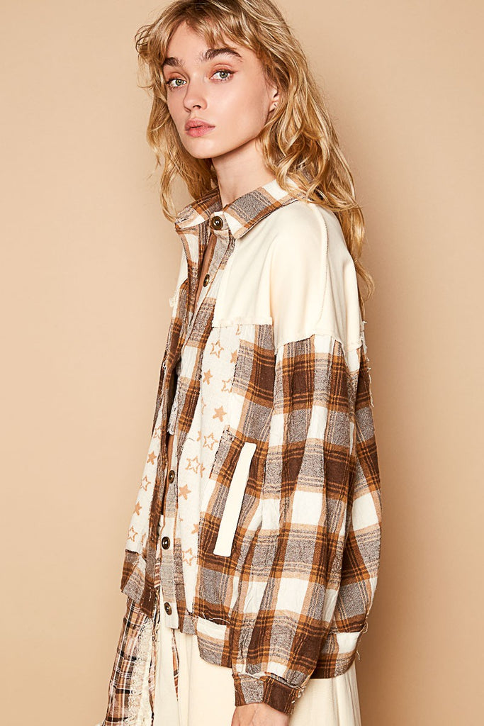 POL Clothing Plaid & Star Patchwork Contrast Long Sleeve Womens Shacket