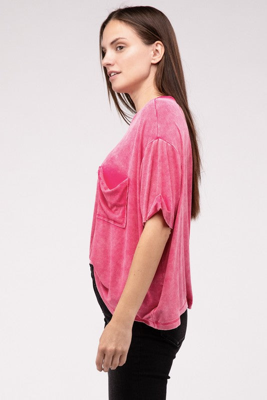 Zenana Washed Ribbed Cuffed Short Sleeve Top S-XL 4Colors
