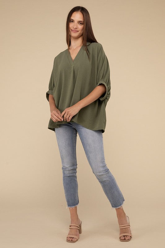 Zenana Woven Airflow V-Neck Puff Sleeve Top S-XL 2Colors