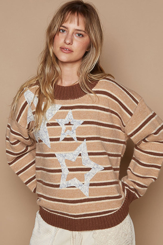 POL Clothing Star Patch Stripe Round Neck Womens Sweater in Brown