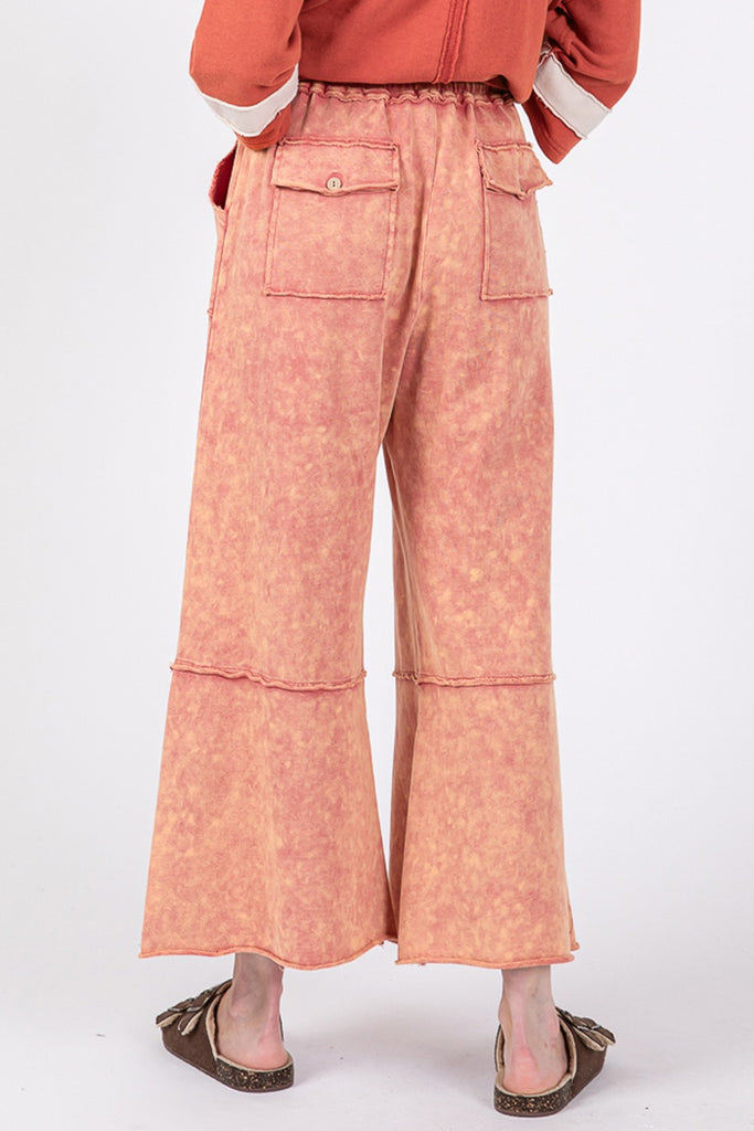 SAGE + FIG Mineral Washed Cotton Terry Wide Leg Womens Pants in Raspberry