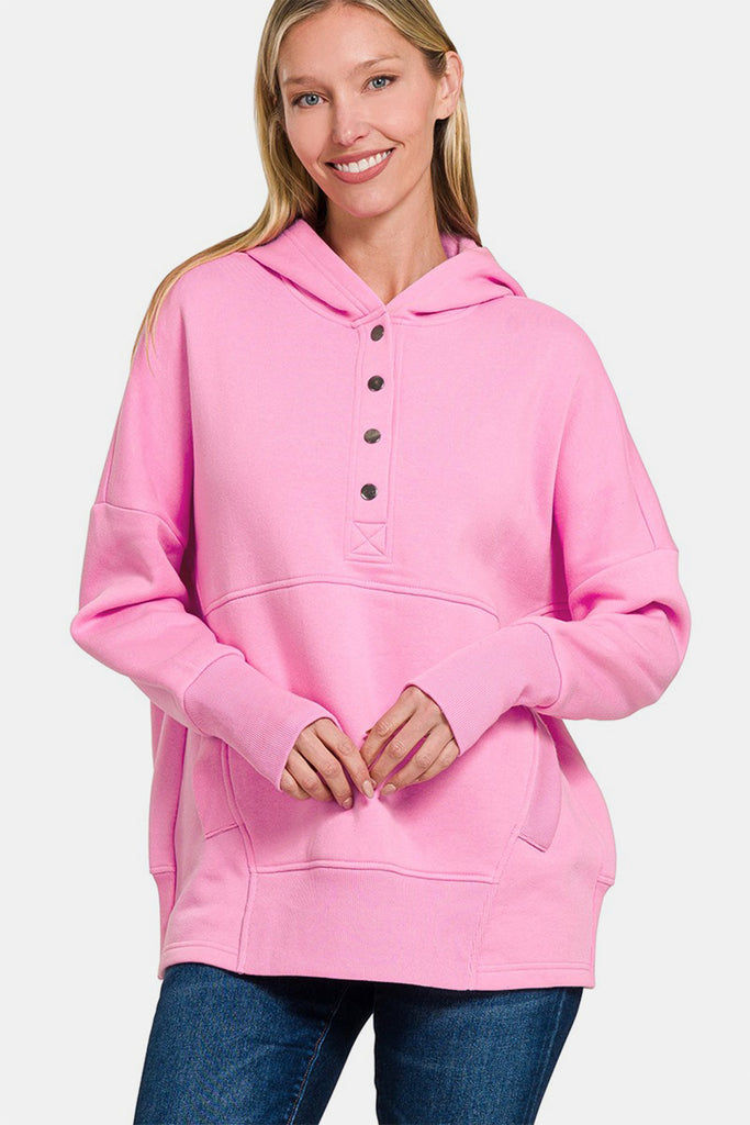 Zenana Half Snap Long Sleeve Womens Hoodie with Kangaroo Pocket