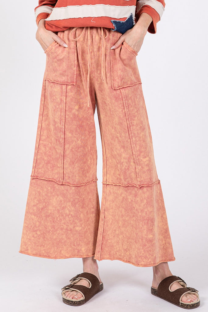 SAGE + FIG Mineral Washed Cotton Terry Wide Leg Womens Pants in Raspberry