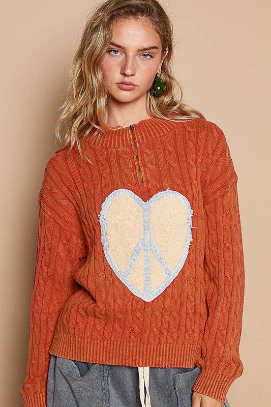 POL Clothing Cable-Knit Peace Patch Dropped Shoulder Womens Sweater