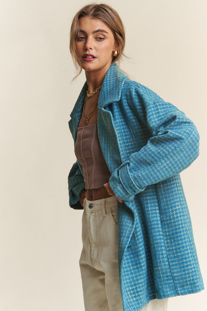 J.NNA Tweed Double-Breasted Long Sleeve Womens Coat in Emerald Sea