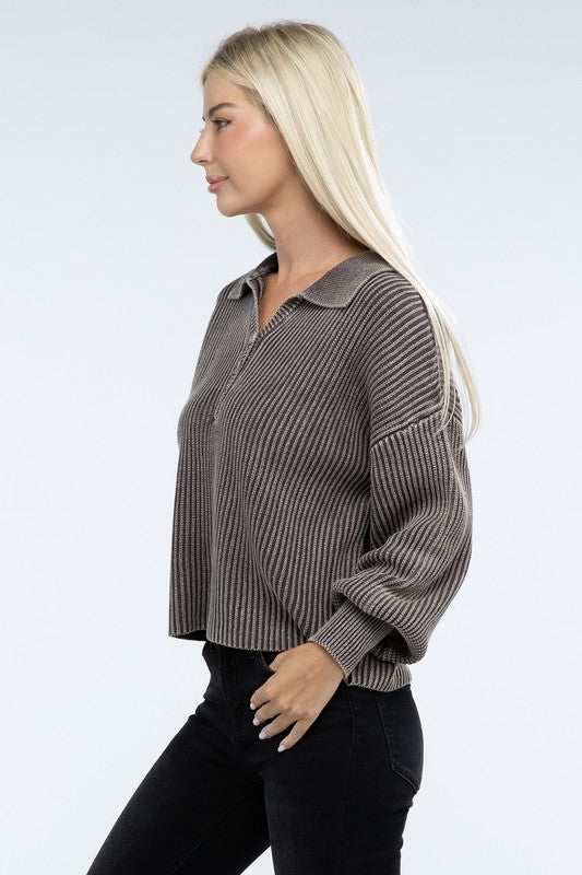 Zenana Washed Collared Henley Womens Sweater 6 Colors