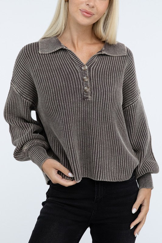 Zenana Washed Collared Henley Womens Sweater 6 Colors