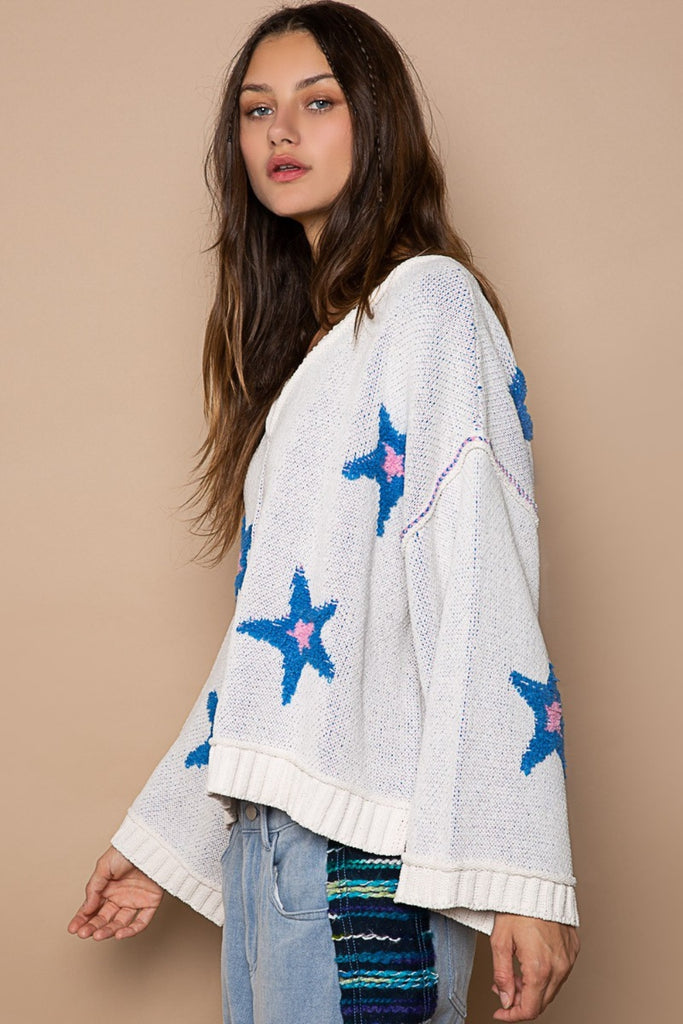 POL Long Sleeve Star Patch Womens Sweater in White S-L