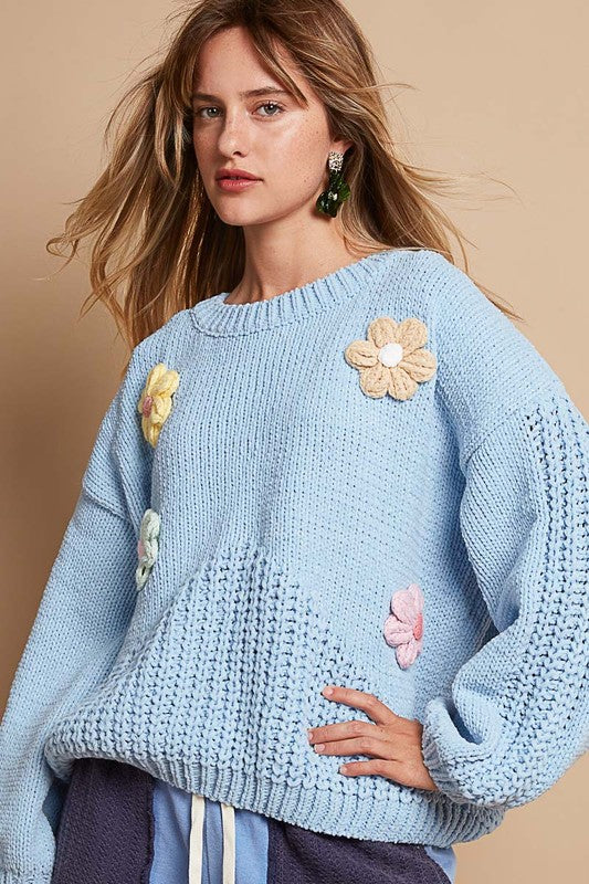 POL Clothing Crochet Flower Round Neck Drop Shoulder Womens Sweater