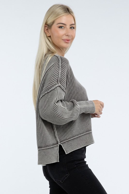 Zenana Washed Side Slit Oversized Cropped Womens Sweater 4Colors