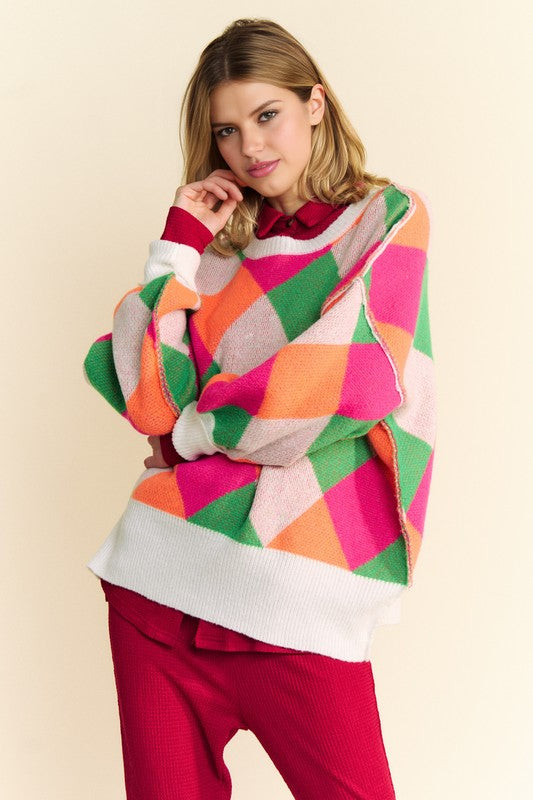 Davi & Dani Exposed Seam Color Block Drop Shoulder Womens Sweater