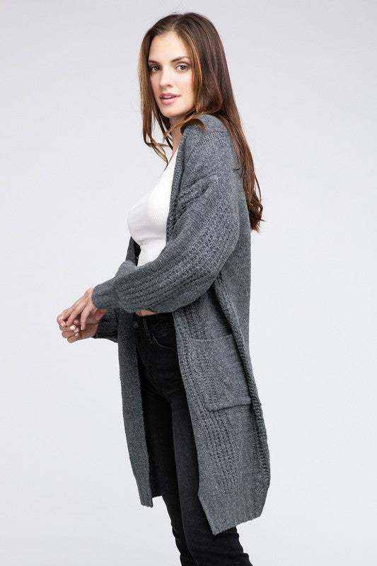 Bibi Twist Knitted Open Front Cardigan Pockets 7Colors S-XL