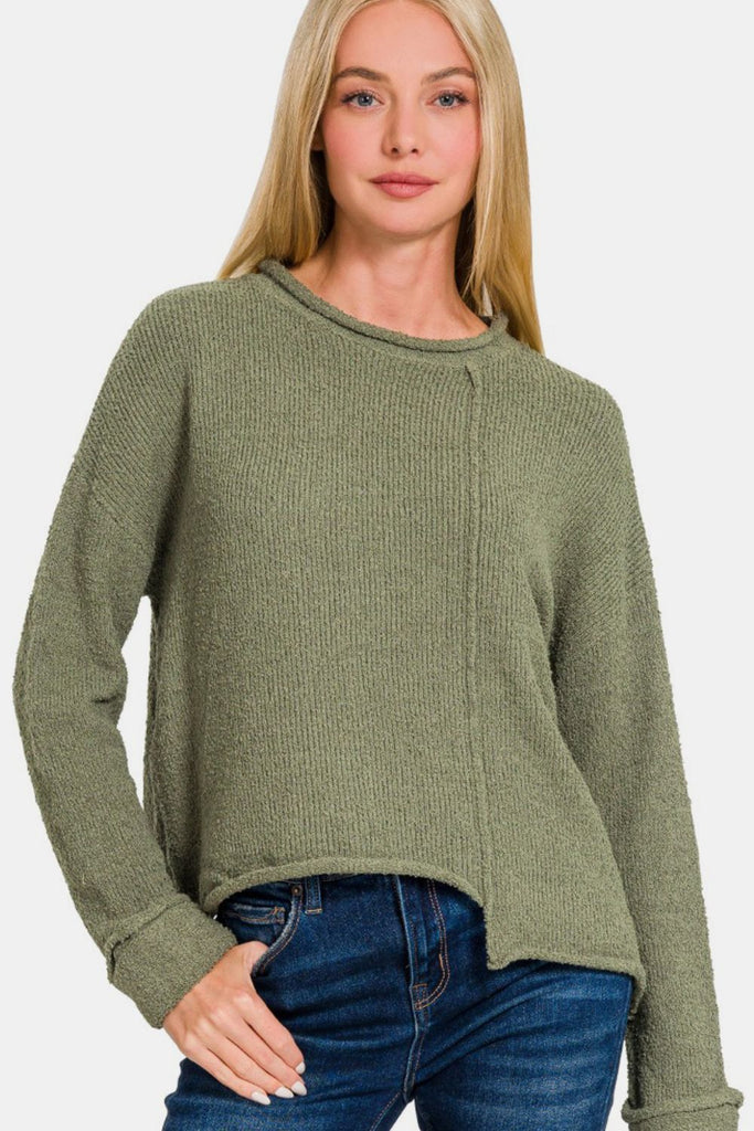 Zenana Asymmetric Hem Drop Shoulder Womens Sweater