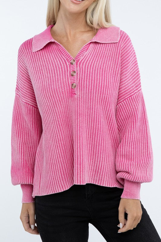 Zenana Washed Collared Henley Womens Sweater 6 Colors