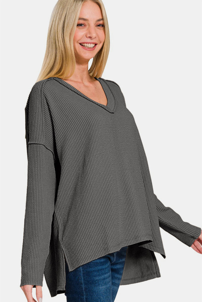 Zenana Waffle Exposed Seam V-Neck Long Sleeve Womens Pullover