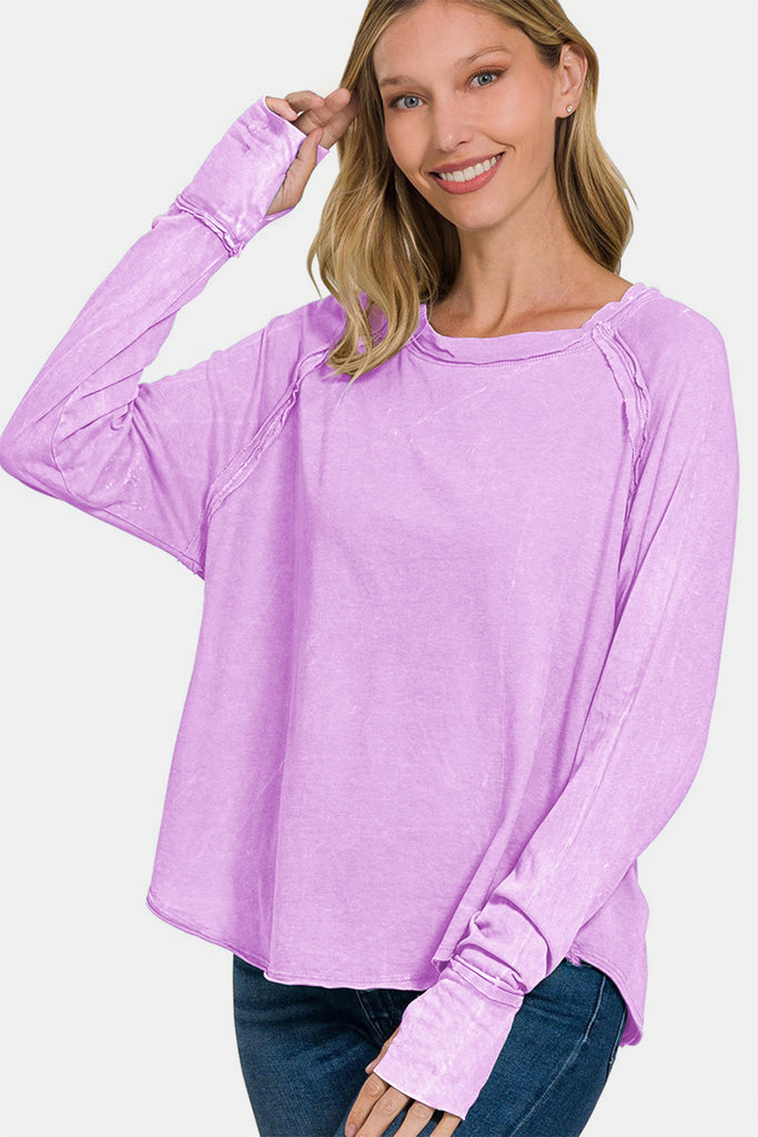 Zenana Round Neck Thumbhole Long Sleeve Womens T-Shirt S-XL