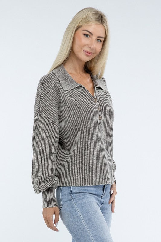 Zenana Washed Collared Henley Womens Sweater 6 Colors