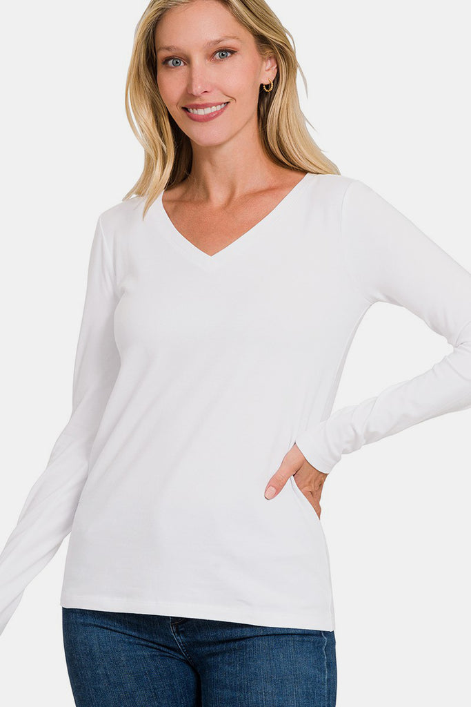 Zenana Pullover V-Neck Long Sleeve Womens T-Shirt S-3X