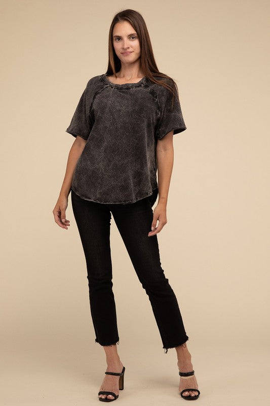 Zenana Back Patch Crinkle Washed Raglan Womens T-Shirt 3Colors S-XL