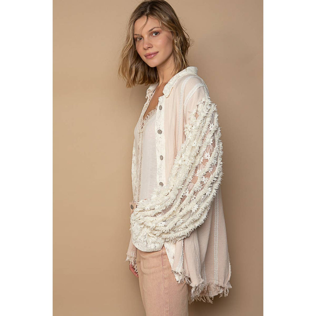 POL Clothing Oversized Lace Balloon Sleeve Womens Blouse Pearl S-L