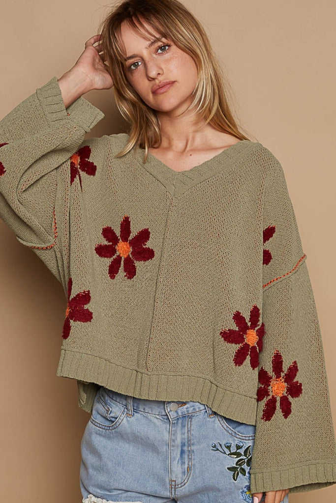 POL V-Neck Floral Pattern Chenille Womens Sweater S-L