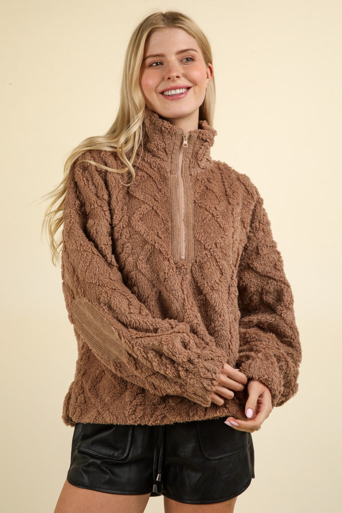 VERY J Fuzzy Fleece Half Zip Cable Pattern Womens Pullover in Mocha