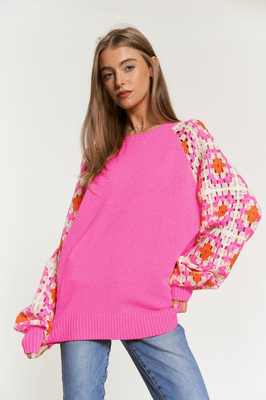 Davi & Dani Crochet Detailed Knit Sweater Top Pink or White S-L