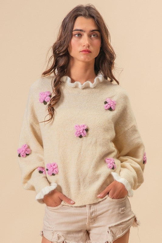 BiBi Ruffled Crochet Flower Dropped Shoulder Womens Sweater