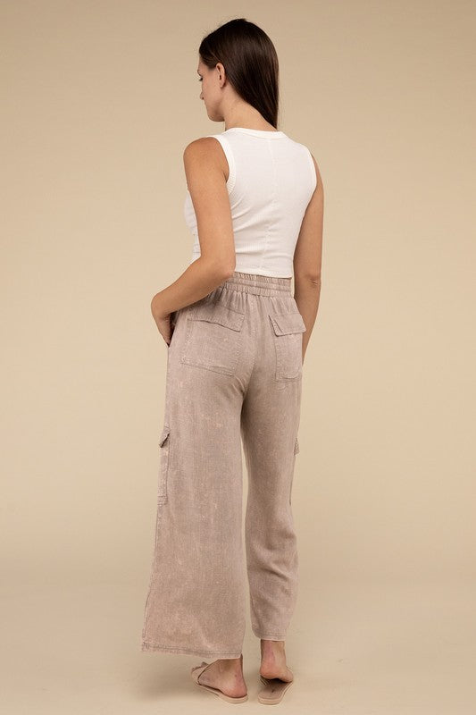 Zenana Washed Elastic Waist Womens Linen Cargo Pants S-XL 4Colors