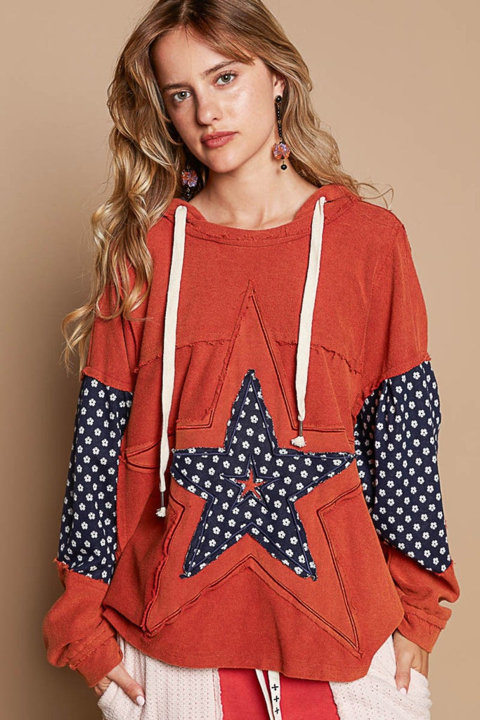 POL Clothing Star Patchwork Raw Edge French Terry Womens Hoodie