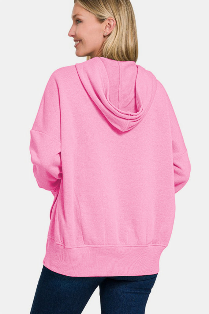 Zenana Half Snap Long Sleeve Womens Hoodie with Kangaroo Pocket