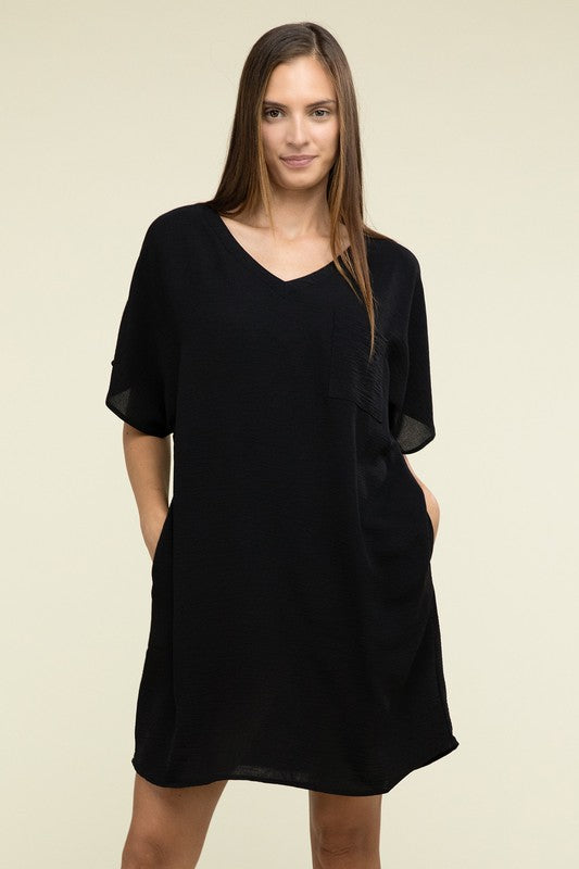 Zenana Woven Airflow V Neck Womens Dress Pockets S-XL 3Colors