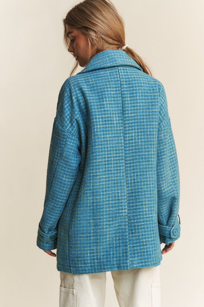 J.NNA Tweed Double-Breasted Long Sleeve Womens Coat in Emerald Sea