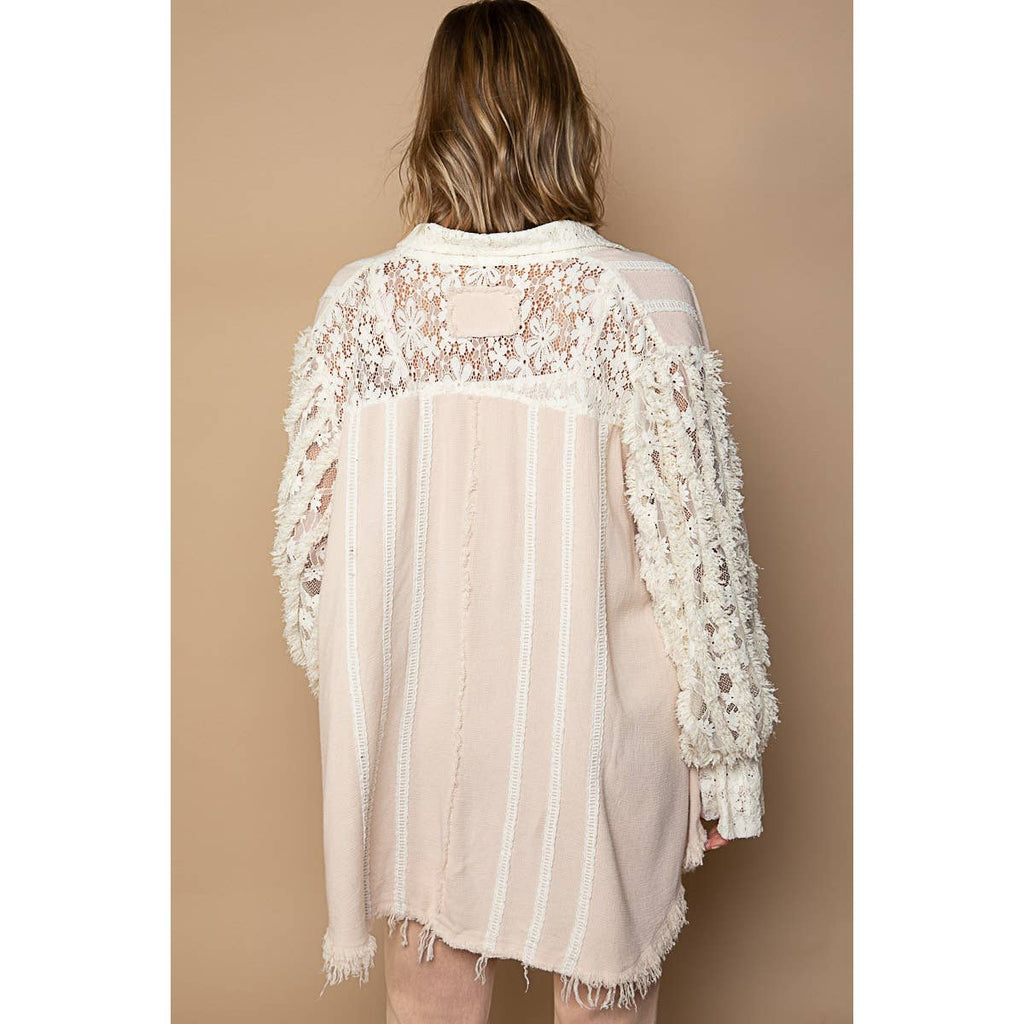 POL Clothing Oversized Lace Balloon Sleeve Womens Blouse Pearl S-L
