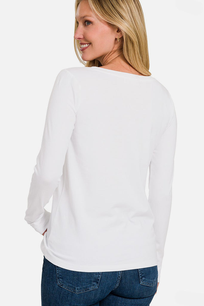 Zenana Pullover V-Neck Long Sleeve Womens T-Shirt S-3X