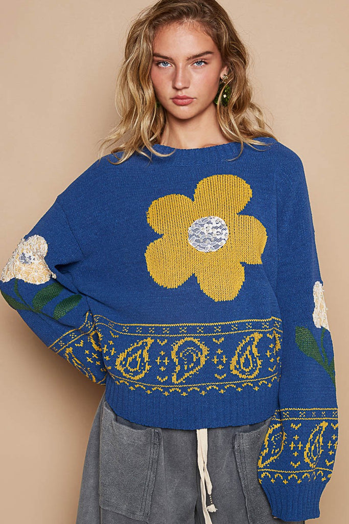 POL Clothing Flower Lace Patch Long Sleeve Womens Sweater